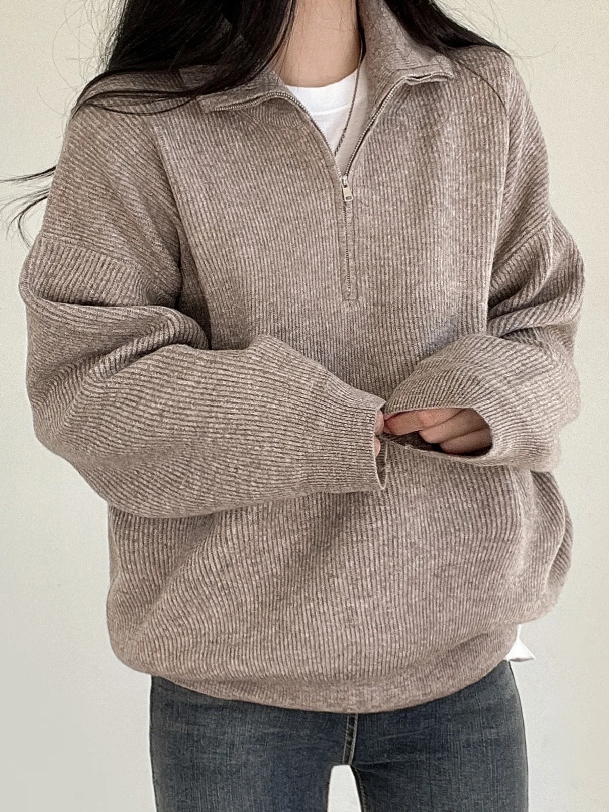 

Chic Early Autumn Anti-Aging f Zipper Collar Pullover Long Sve Loose Layering Knitted Top for Women Commute Sle