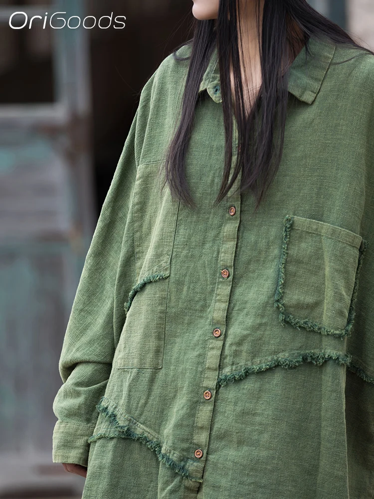 OriGoods Oversized Shirt Women Vintage Original Irregular Loose Shirts Coat Army Green Navy Oversize Mori girl Tops 2024 B136