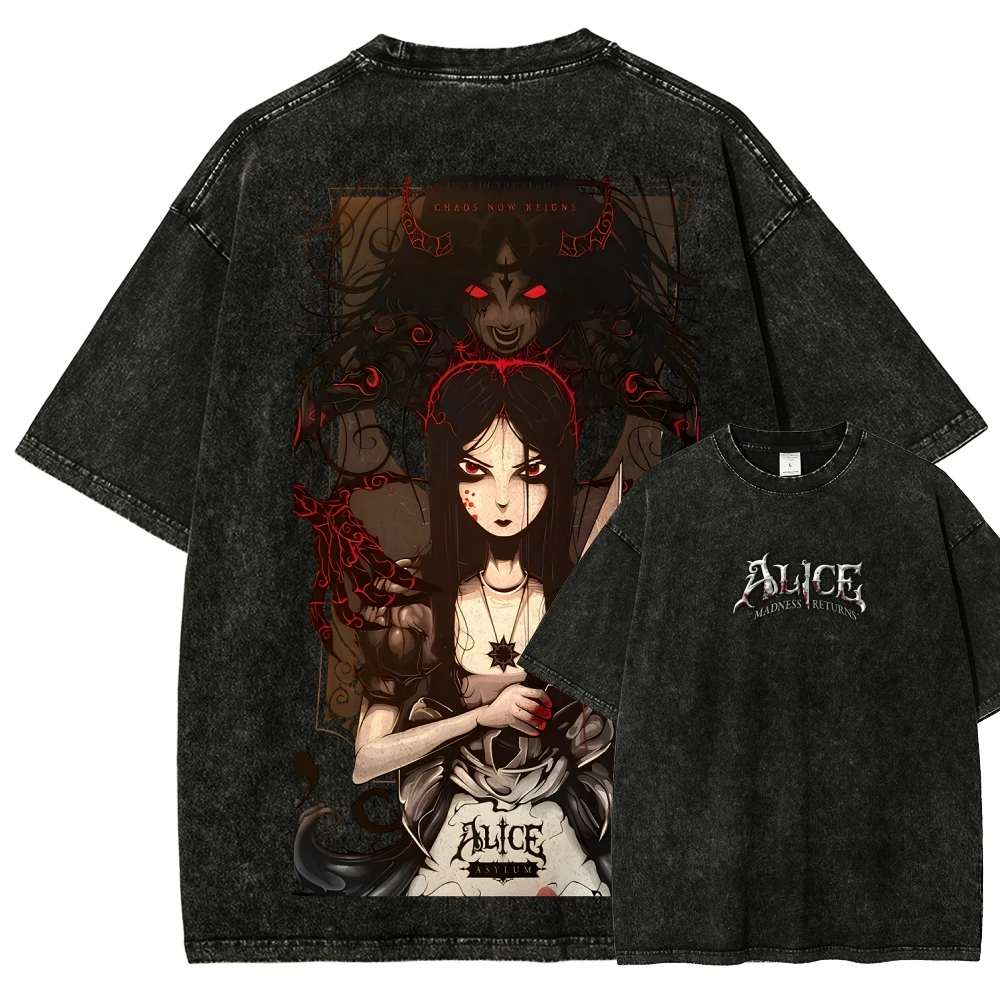 Alice in Wonderland Anime Graphic T-shirt Vintage Washed Anime Merch Harajuku Unisex Oversized Crew Neck Cotton Short Sleeve Tee