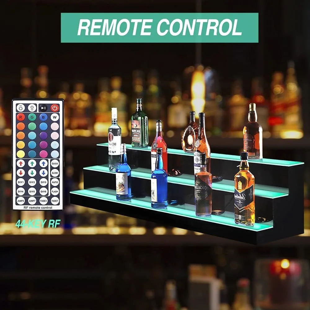 Acrylic 60 Inch 3 Tier Detachable LED Lighted Liquor Bottle Display Shelf with Remote Control, Mulit Colorl Lighting Shelves