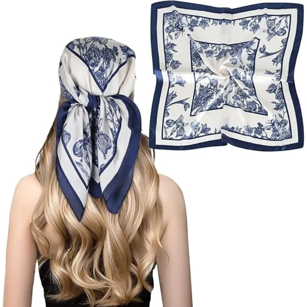 

1pcs 68cm Navy Blue Floral Hijab Women's Spring and Summer Polyester Scarf Outdoor Sun Protection Neck Protector Shawl Scarf