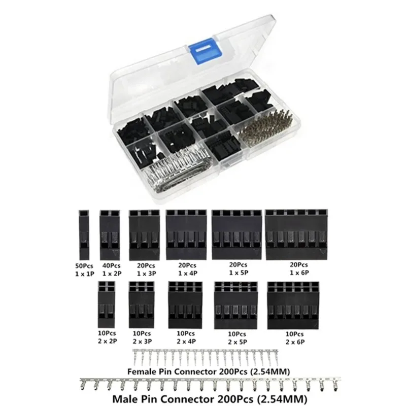620 Brother Connector 2.54mm T Cable Jumper Pin Head Shell Kit Male Crimping Pin+Female Pin Terminal Connector