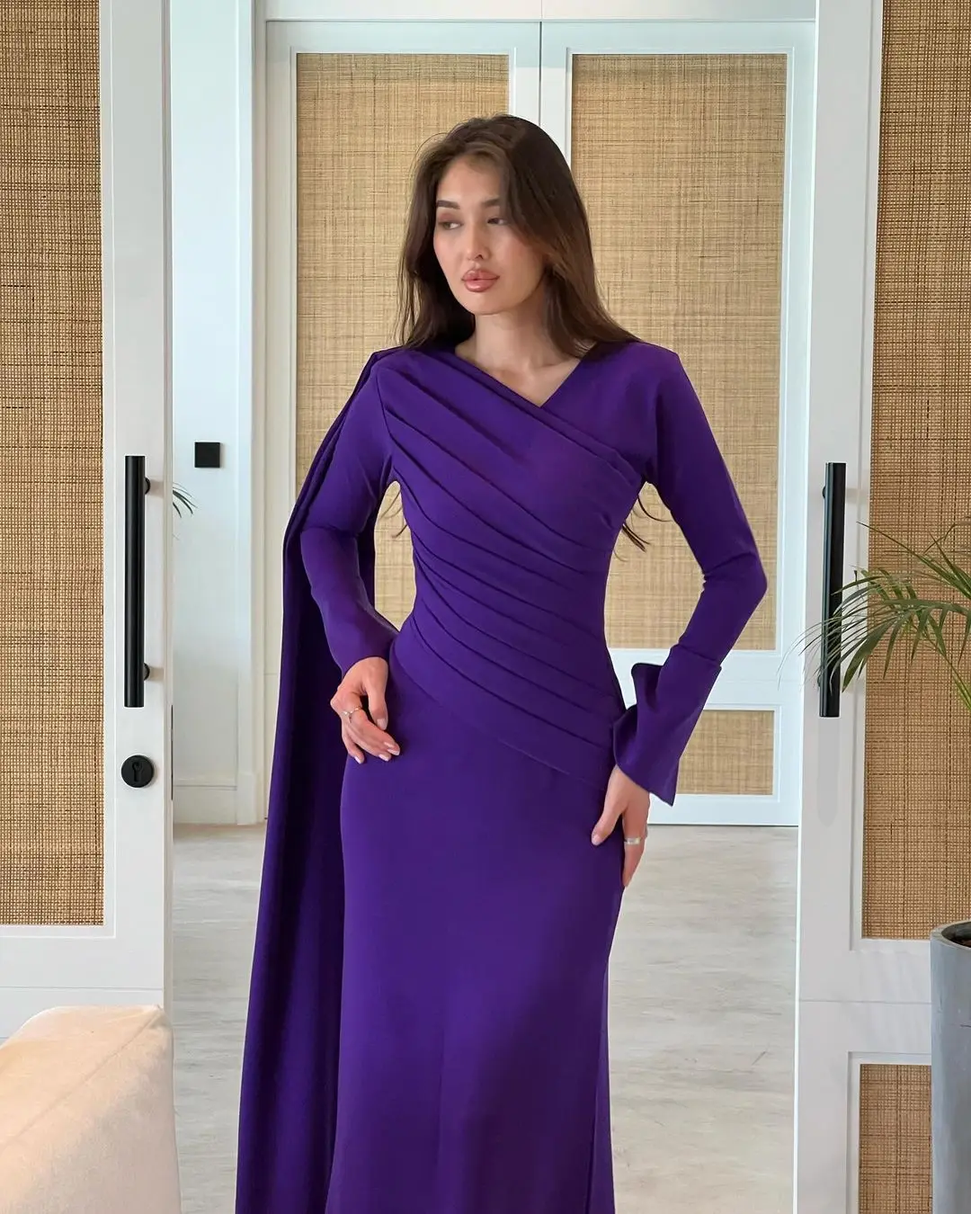 Scoggins فساتين سهرة Prom Dresses V Neck Prom Dress Mermaid Evening Dress Long فساتين سهرة Long Sleeve Crepe Formal Saudi Arabia