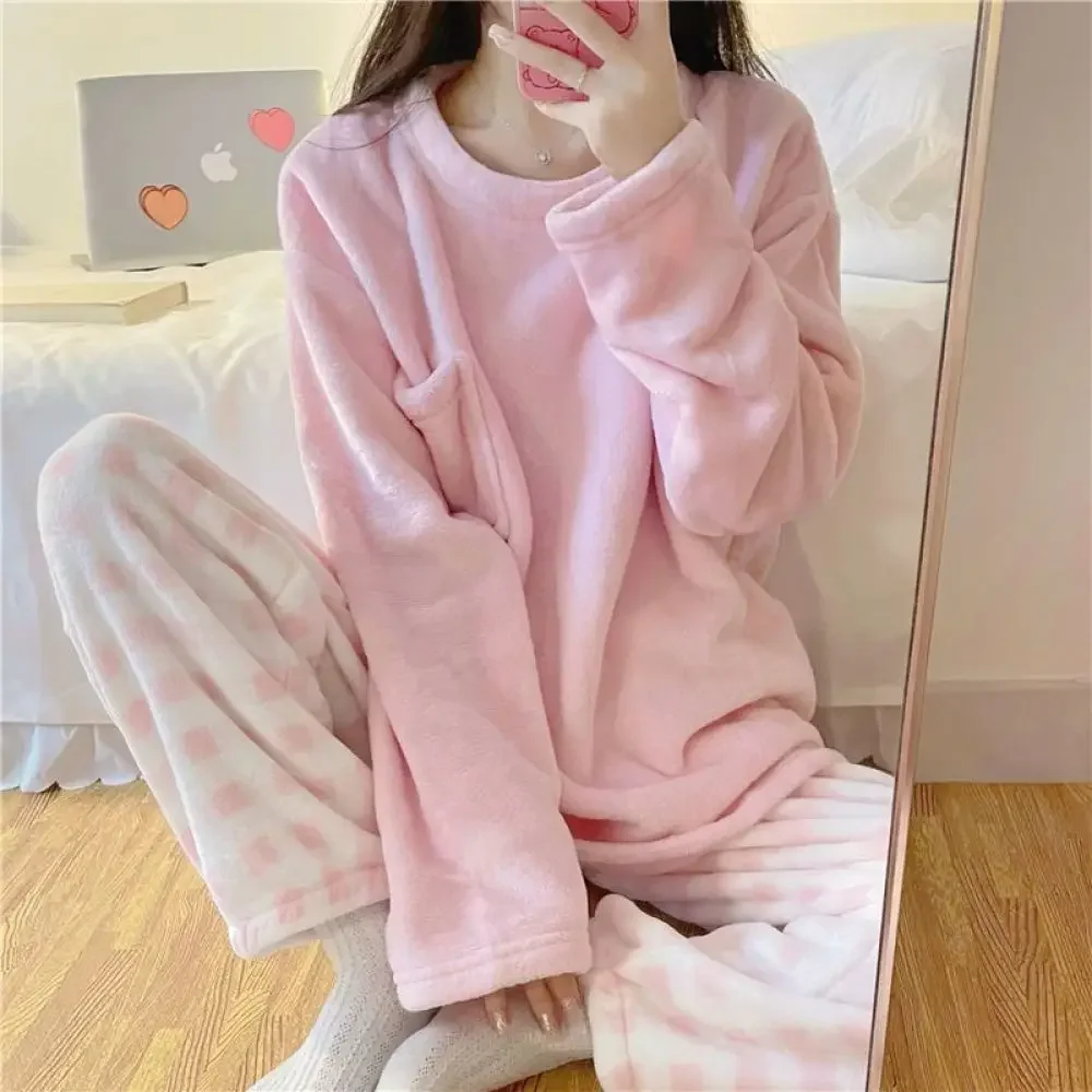 fleece-thick-warm-women's-pajamas-set-winter-sleepwear-casual-solid-top-and-plaid-pants-soft-pijamas-set-for-women-home-suit