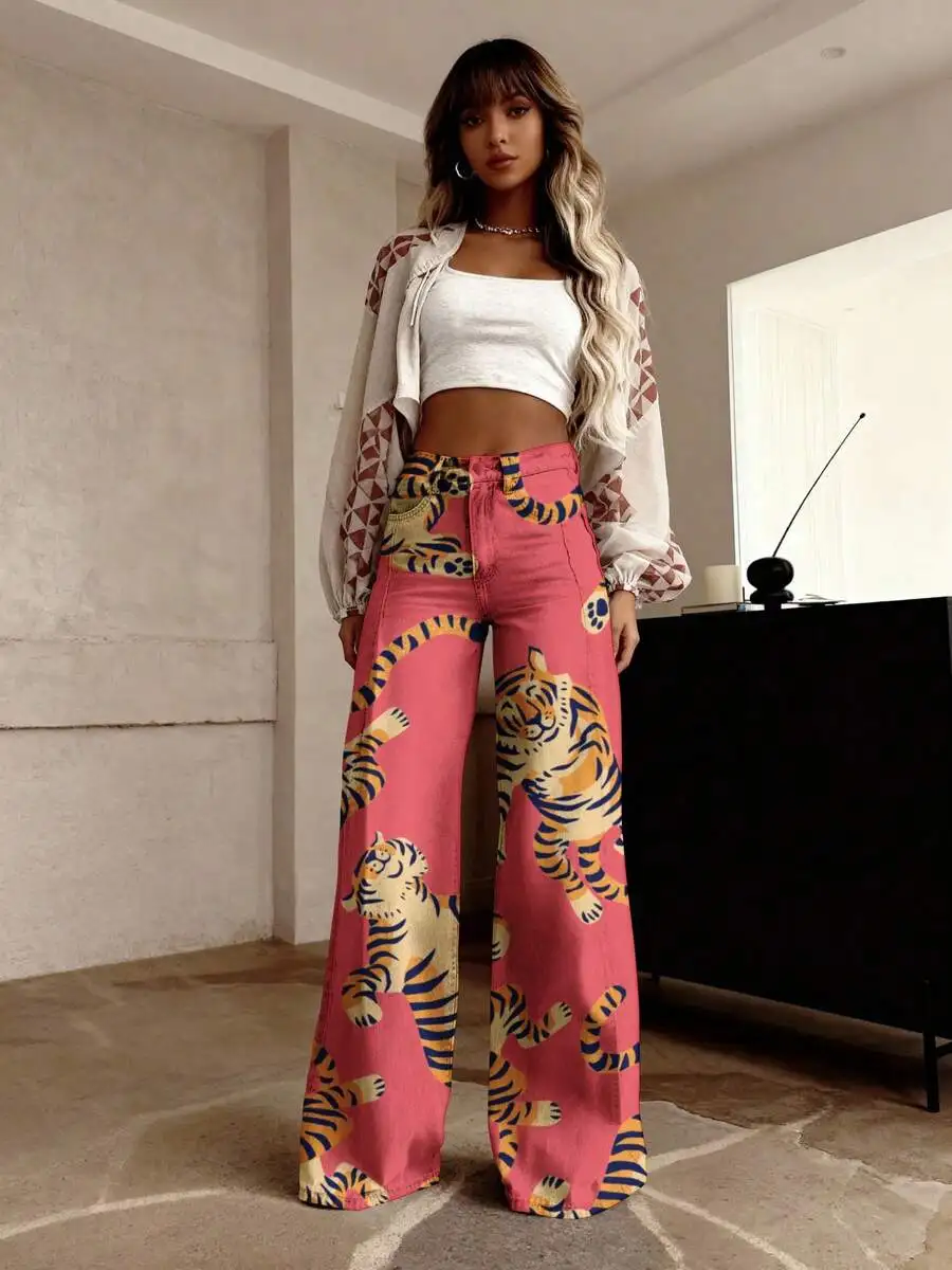

Women Pink Tiger Print Wide Leg Pants Mid Waist Button Fly Full Length