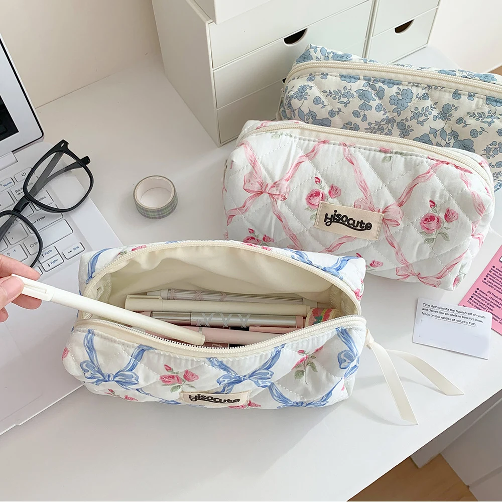 Bow Flower Makeup Bag Cosmetic Bag Women Zipper Storage Bag Large Capacity Portable Handbag Toiletry Case for Girls Cosmetiquera