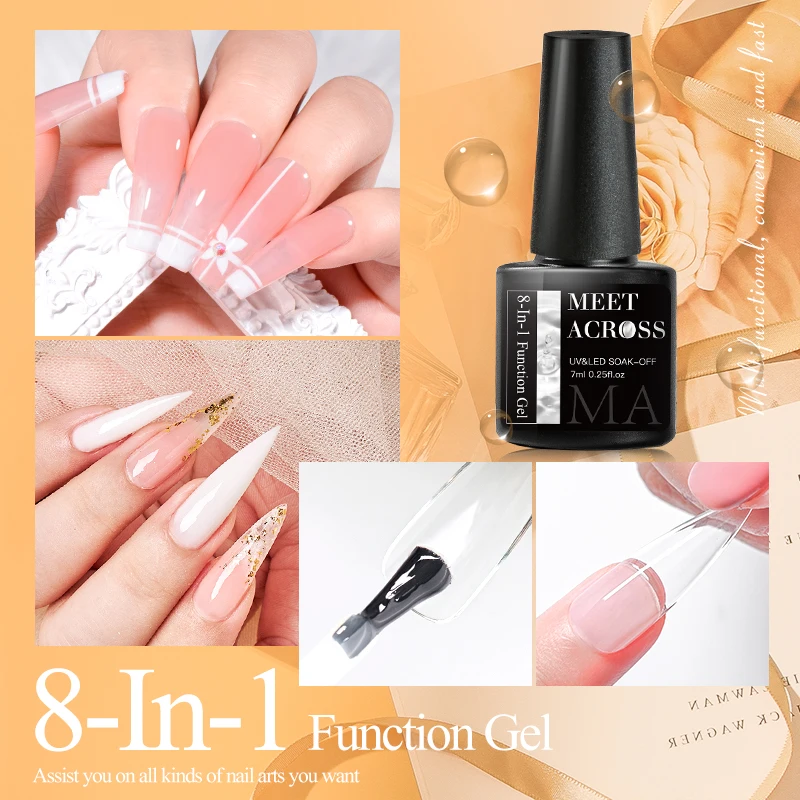 MEET ACROSS 7ml 8 In1 네일 젤 베이스 블루밍 익스텐션 강화 라인스톤 젤 & 네일 글루 슬립 솔루션 컬러 믹싱으로 사용