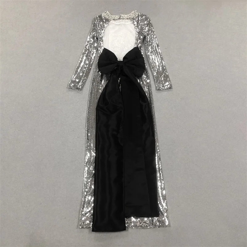 لامعة الفضة الترتر اللؤلؤ فستان الحفلة الراقصة مثير الجوف كامل الأكمام طويلة القوس الزفاف الرسمي مساء رداء مأدبة فستان زفاف