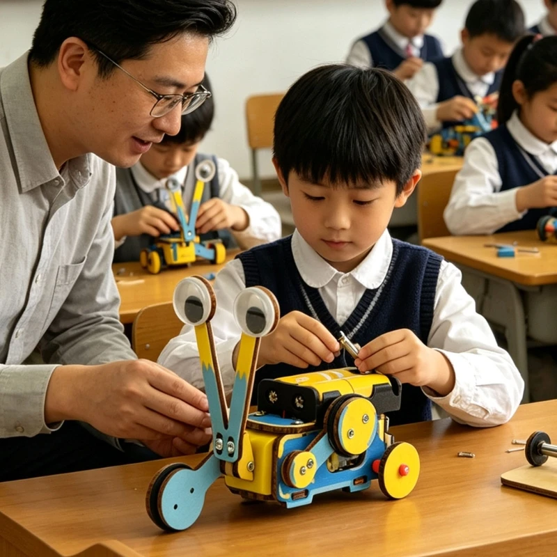 Wooden Crawling Robot Assembly Set with Visible Motor, Wiring, Battery Holder, and On-Off Control for Hands-On Mechanical 15UB
