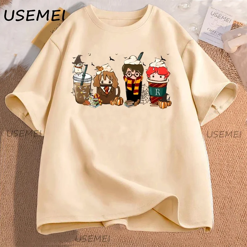 Cute Coffee Characters T-Shirt Women Men Aesthetic Tee Pumpkin Fall T Shirt Cotton Short Sleeve  Aesthetic High Quality Tees