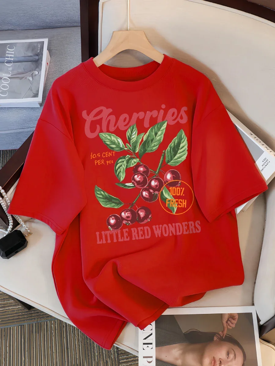 Camiseta com design de cerezas frescas y pequenas maravillas rojas para mujercamisetas informale ropa deportiva femenina de