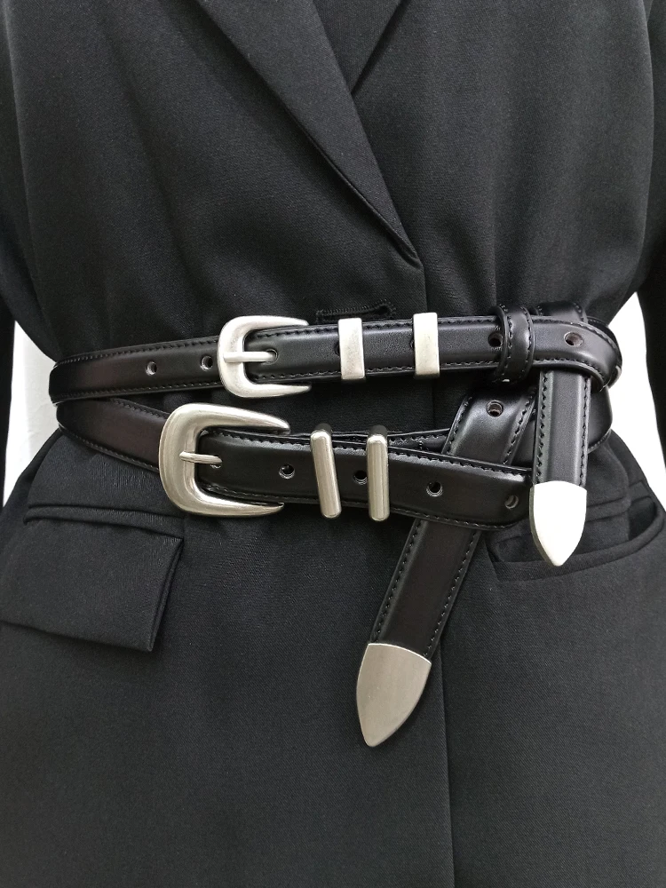 Retro Matte Silver Buckle Genuine Leather Belt Unisex High-End Feeling Second Layer Cowhide Belt Women Summer Fashion Accessory