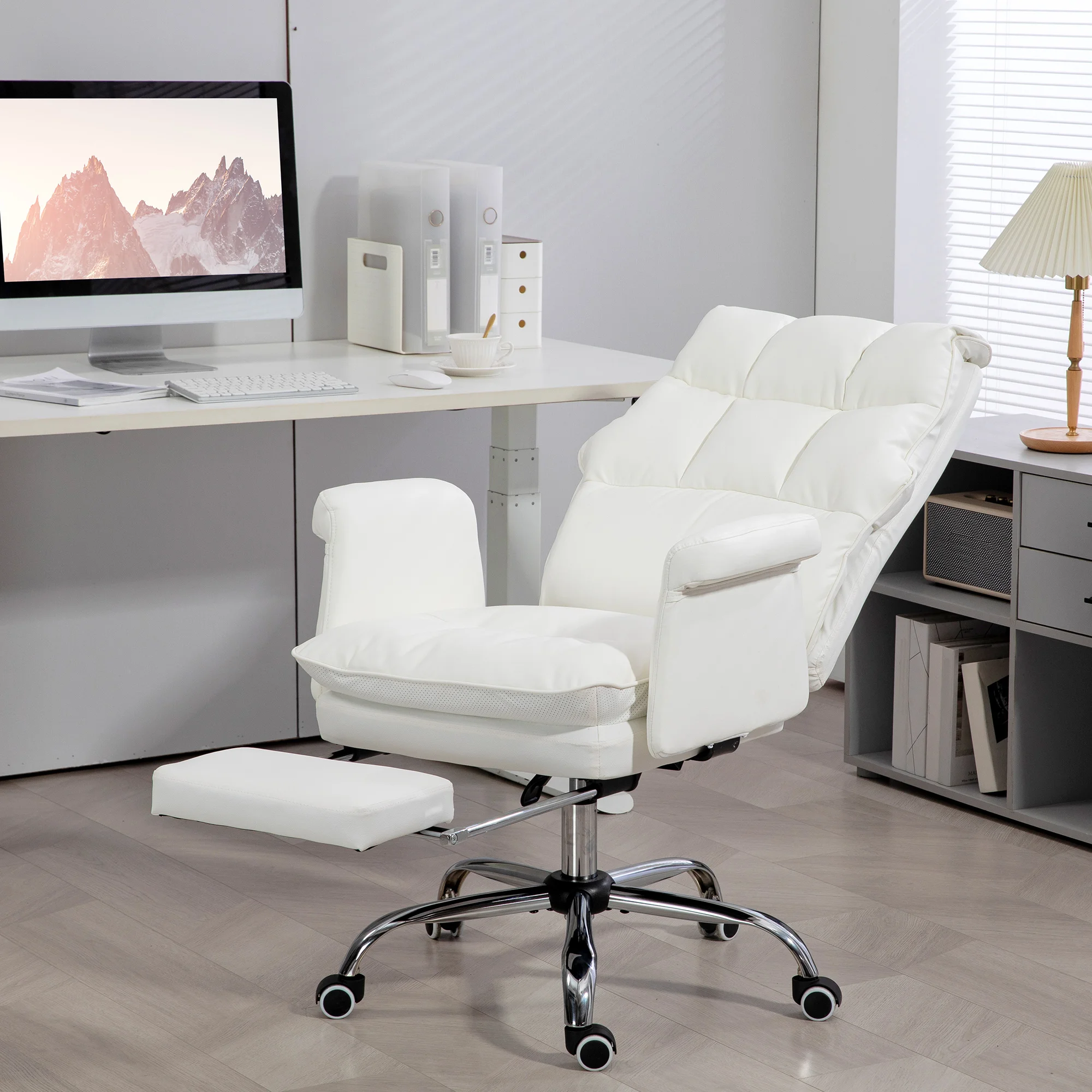 Homcom Executive Officehair, Pu Leather Ergonomic Office Deskhair with Footrest, Reclining and Swivel Chair, White