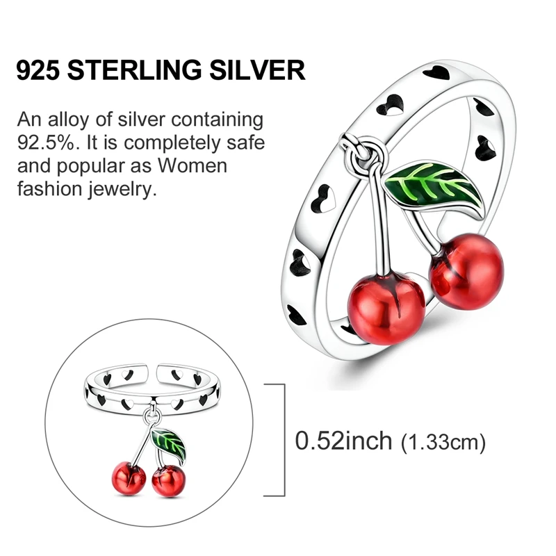 الأصلي 925 فضة الحلو الكرز القلب المفتوحة خواتم للنساء مجوهرات للبنات هدايا المناسبات عيد ميلاد