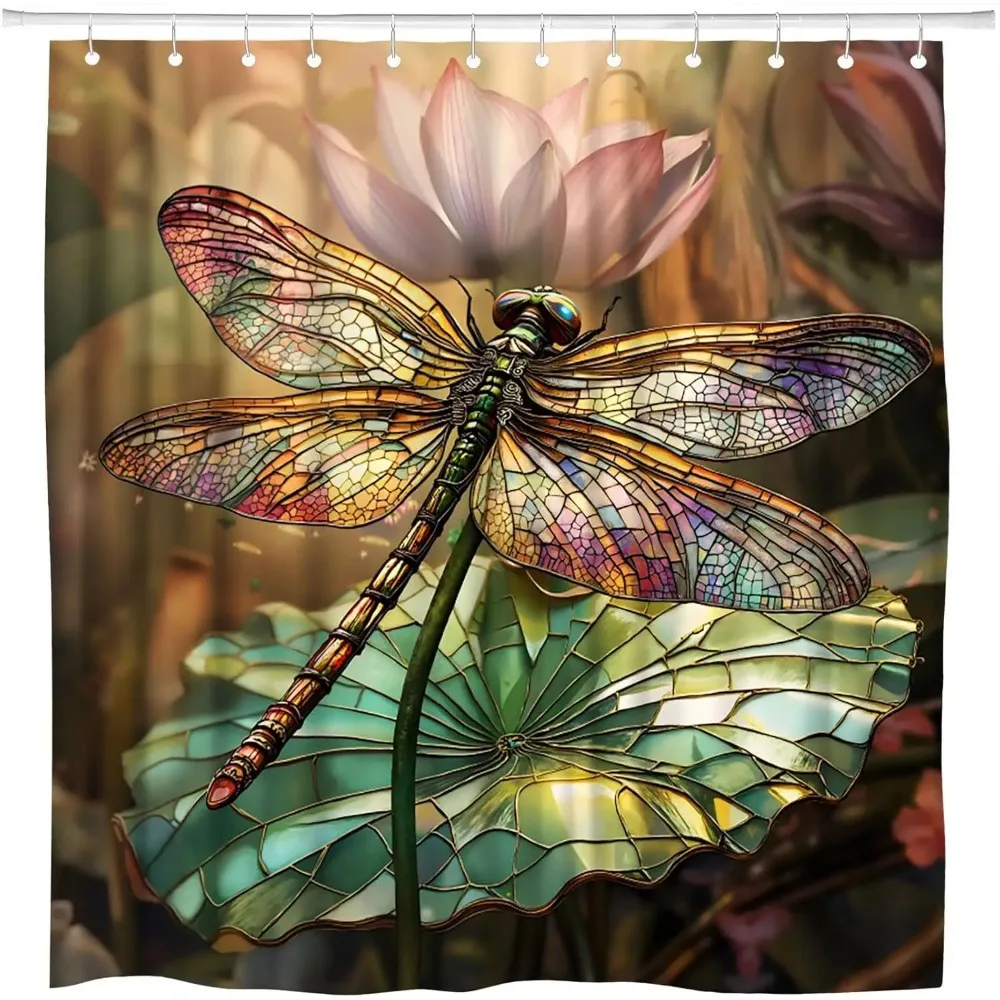 

Фантазийная шторка для душа с изображением стрекозы, витражный узор с цветами лотоса и водяных лилий, розовые цветы, зеленые листья, озеро, азиатский деревенский стиль, крючки