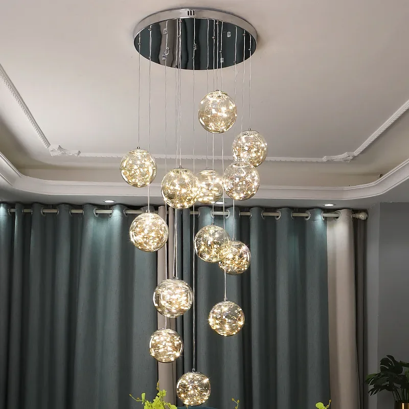 Modern Nordic Led Ceiling Chandelier Dimmable Soot Clear Amber Glass For Staircase Living Room Pendant Lamp Home Decor Lighting