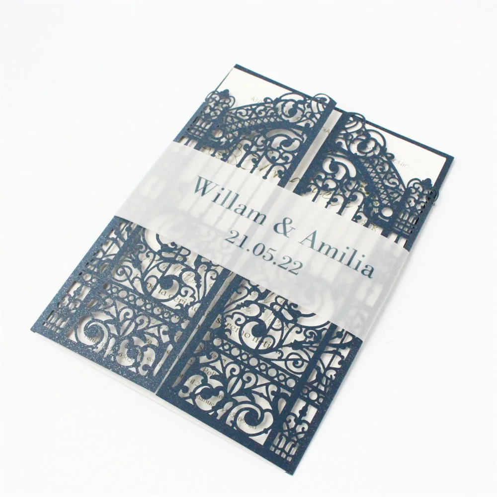 Navy Blue Invitation Transparent Belly Gate Laser Cut Wedding Card, Customized Text Printed, Multi Colors, 50 Sets