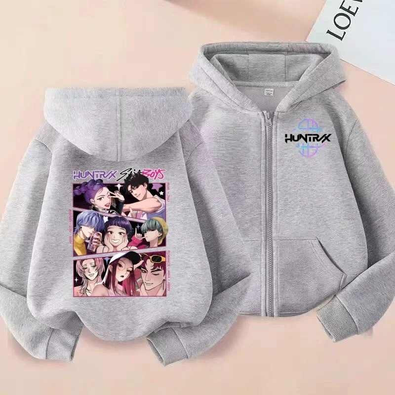 سترة بسحاب مطبوع على طراز HUNTRX الكوري، سترة صوفية بغطاء للرأس على طراز فتاة حلوة ورائعة