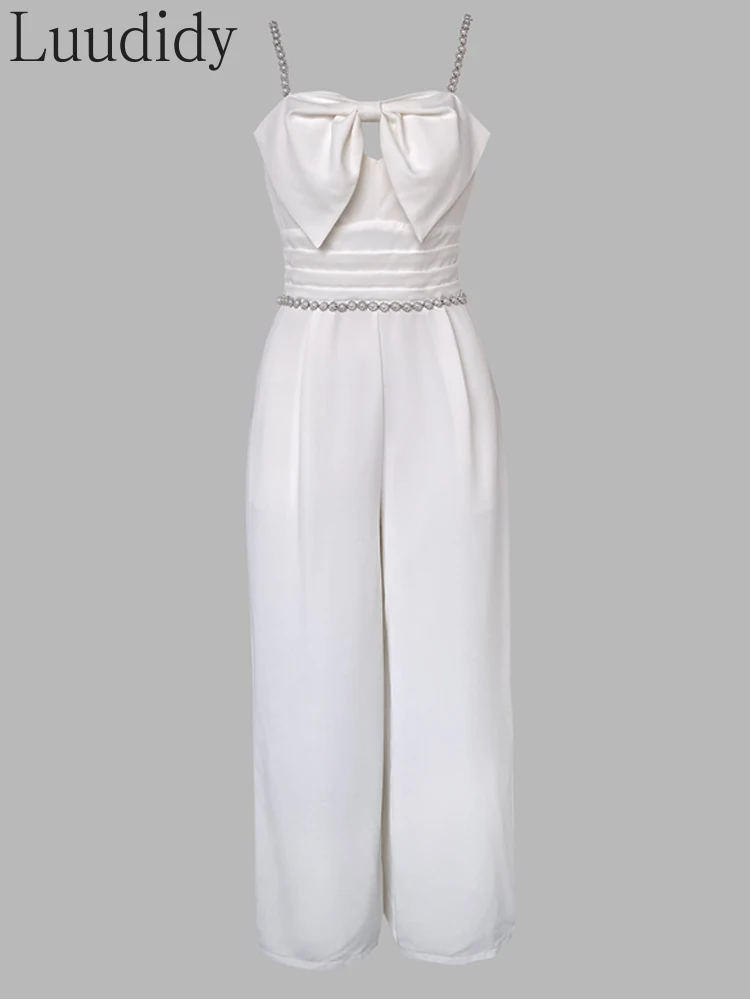 Bandeau Beaded Spaghetti Strap Bowknot Design Ruched Jumpsuit