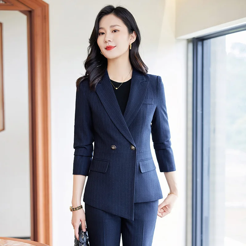 2024Autumn and Winter New Blue Color Striped Long-Sleeved Small Suit Collar Jacket Women's Pants Professional Casual Two-Piece S