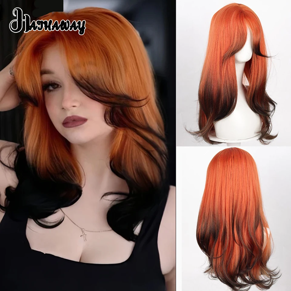 

Синтетический оранжевый градиентный черный волнистый парик - с челкой, термостойкий парик для женщин, вечерние, косплей, Хэллоуин, фестиваль