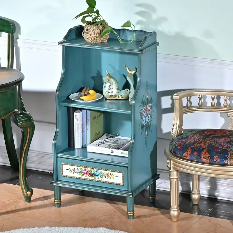 for American Rural Solid Wood Small Bookcase Magazine Shelf Study Children Hand Painted Retro Old Mobile Storage Low Side