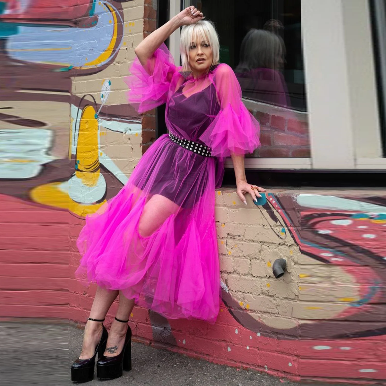 Elegant Maxi Sheer Dress Fuchsia Tulle Overlay Dress Sheer Women Outfit With Trumpet Sleeves Girls Tulle Dresses #1