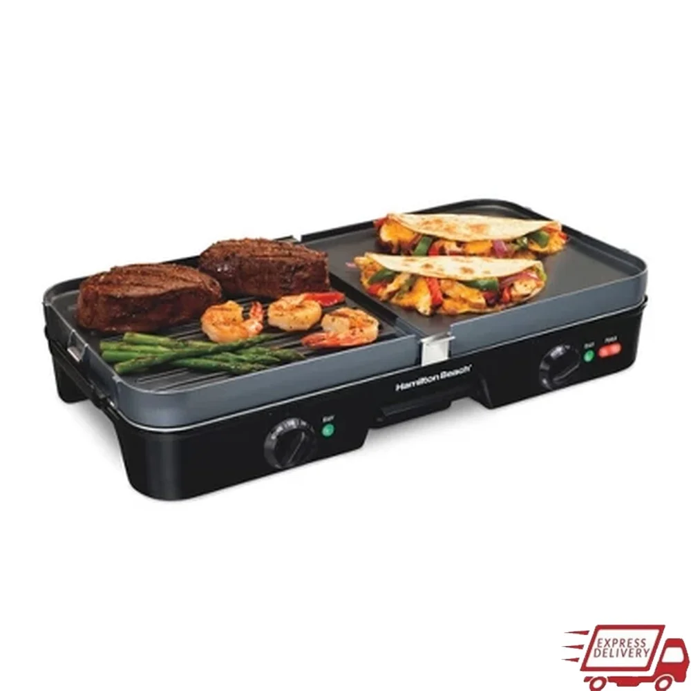 3 in 1 Indoor Grill Griddle Nonstick Reversible Plates 1500W Dual Cooking Zones Easy Cleanup Perfect Family Meals