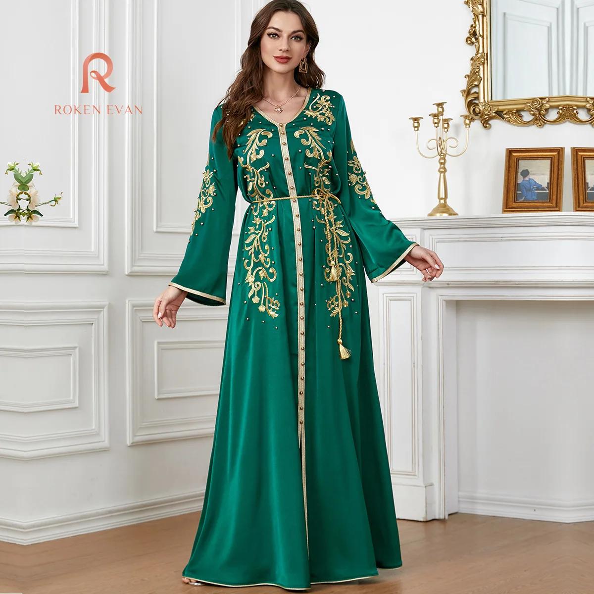 ROKEN EVAN Moroccan robe Jalabiya Kaftan Dress For Women Dubai Turkey Loose Muslim Arabic Islamic Clothing Party Dress