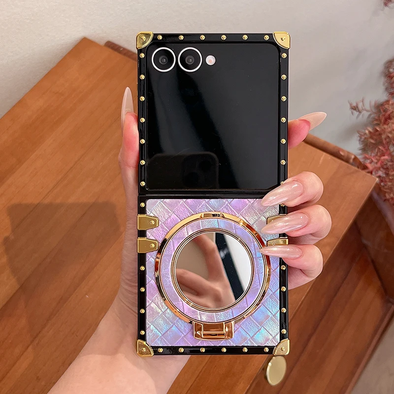Case For Samsung Galaxy Z Flip7 FE 6 5 4 3 Luxury Rivet Trunk Woven Leather Mirror Ring Holder Full Hinge Fold Phone Cover