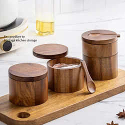 Acacia Wood Salt Jar Solid Wood Seasoning Box Wooden Kitchen Seasoning Bottle Storage Seasoning Jar