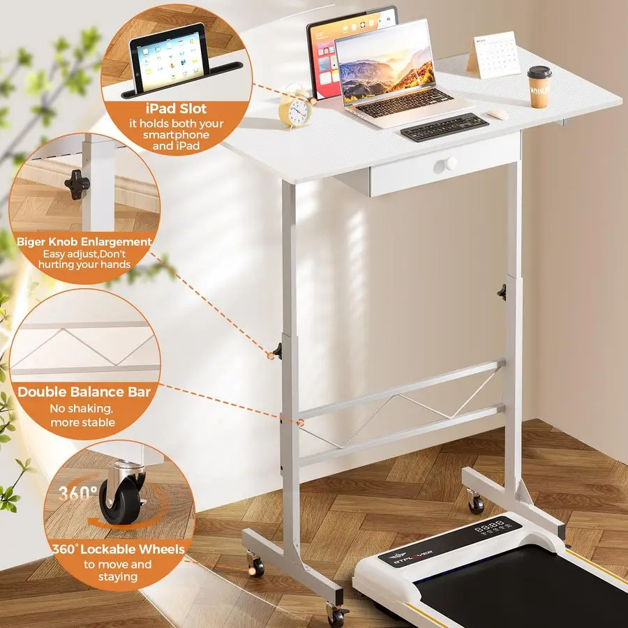 Small Standing Desk Adjustable Height Small Computer Desk Mobile Portable Rolling Laptop Table with Wheels 32 Computer Workstat