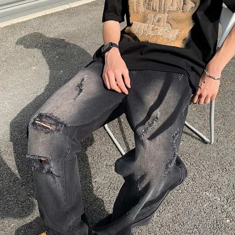 

Foufurieux Summer Y2K Street Hip Hop Goth Hole Jeans Men Retro Fashion Punk Loose Harajuku Button High Waist Wide Leg Pants Mens