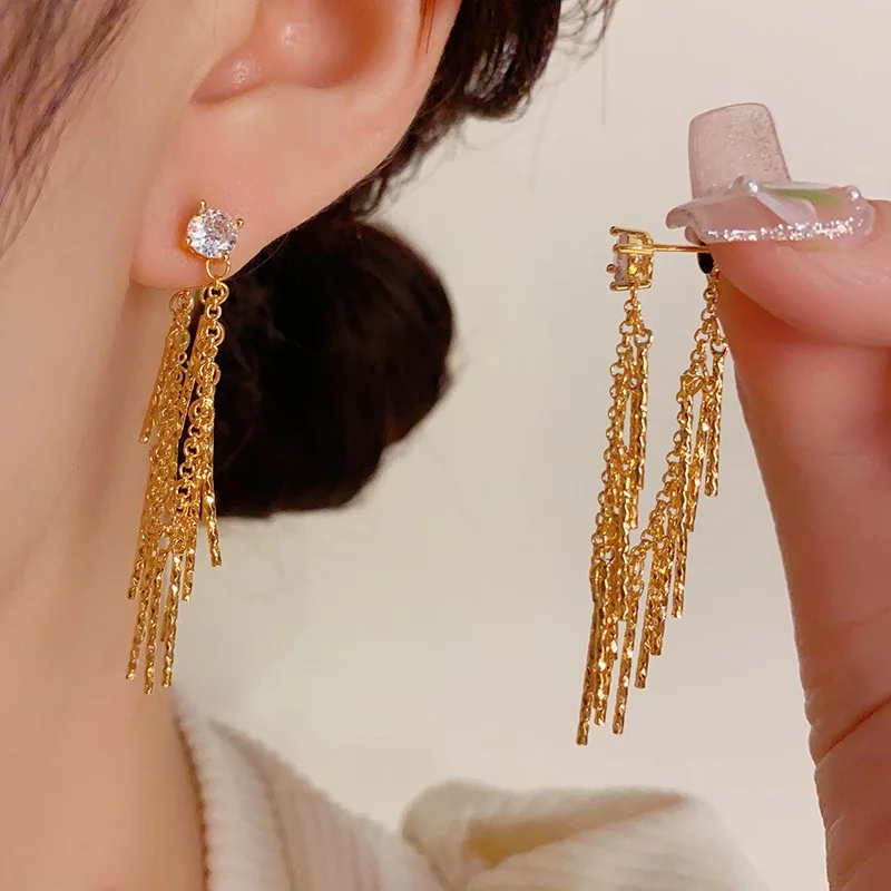 Light Luxury Front Rear Zircon Waterfall Tassel s925 Silver Needle Temperament Unique Design Earrings