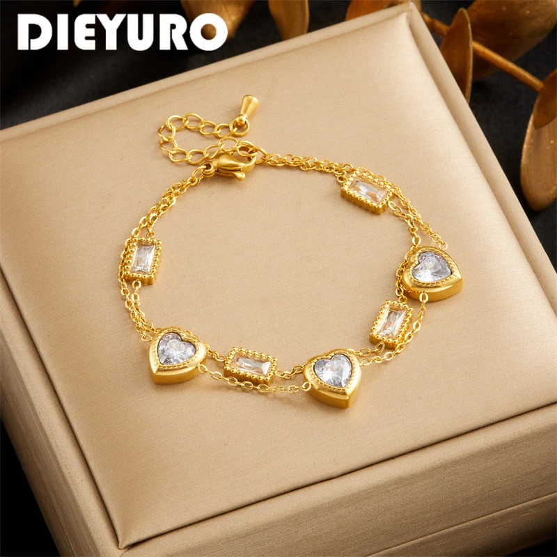 DIEYURO 316L Stainless Steel Heart Crystal  Bracelet For Women Girl New Trend Multi-layer Chains Non-fading Jewelry Gift Party