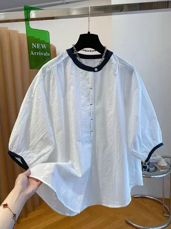

Loose Fit Women's Shirt Embroidered Bubble Sleeve Short Sleeve round Neck White Cotton Breathable Comfortable Casual Top
