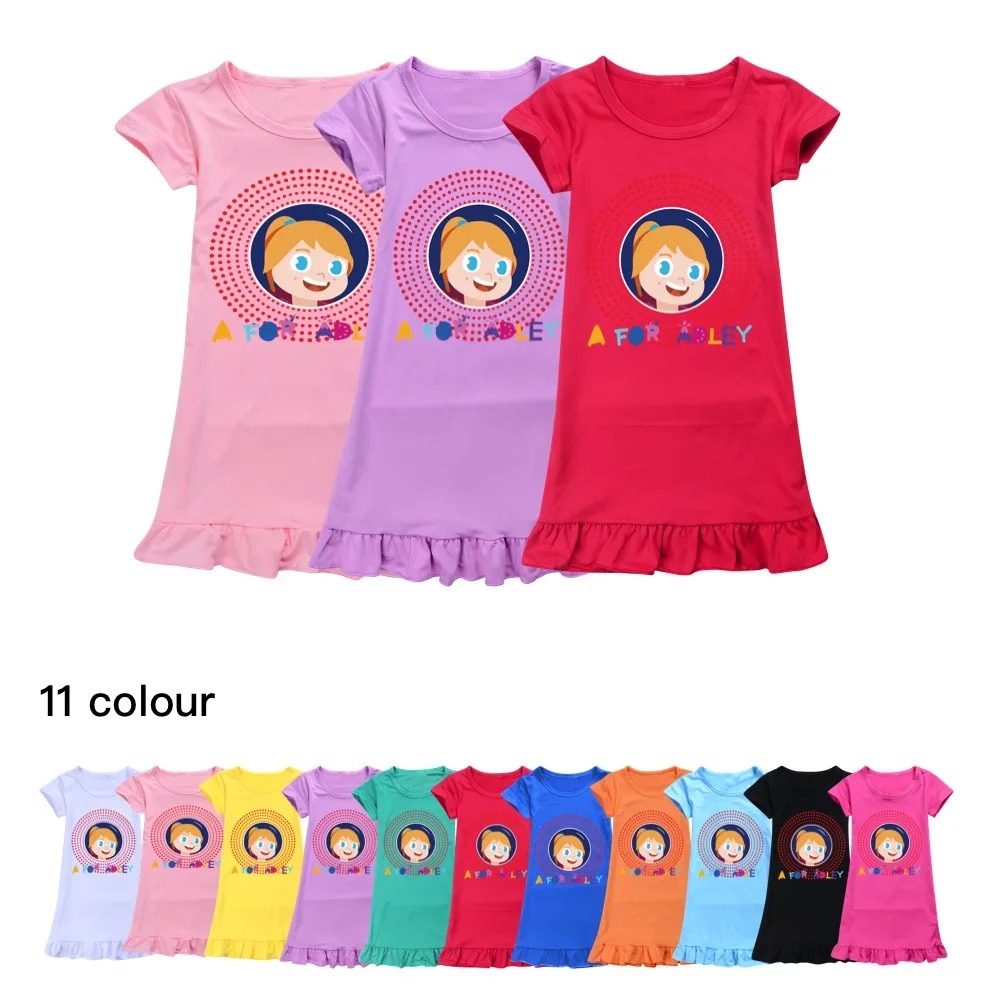 Girls Ice Silk Short Sleeve Dress 2023 Summer Cartoon A FOR ADLEY Clothes Children Princess Dress Kids Leisure Casual Sleepwear