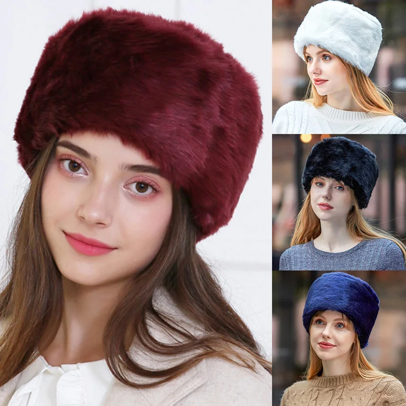 Russian Women Faux Fox Fur Hat Autumn Winter Round Flat Cap Girl Warm Soft Fur Caps Muti-Color Crownless Circle Headgear