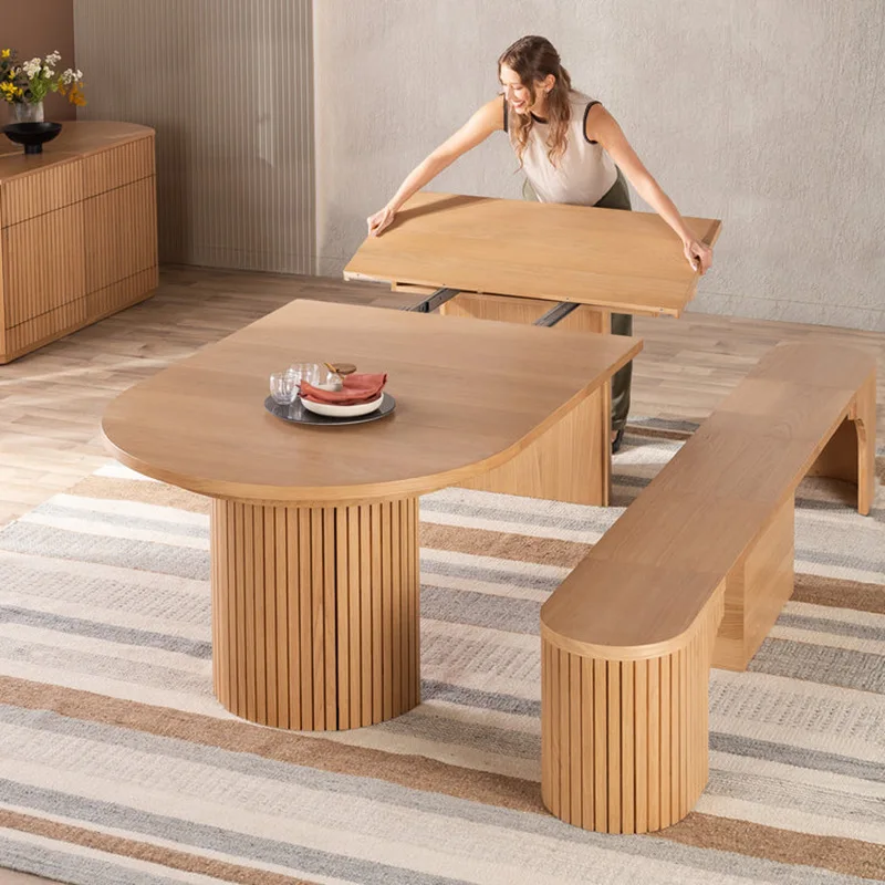 wood round dining new large long restaurant home foldable pull-out multi-functional conference extended