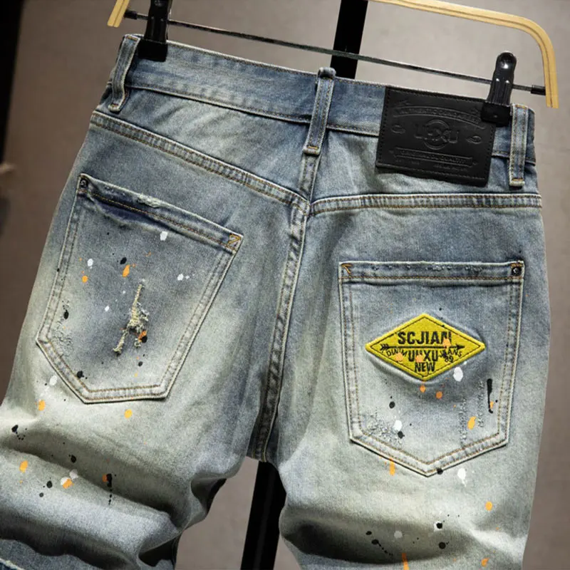 Été concepteur de mode hommes jean rétro lavé bleu extensible peint déchiré jean court hommes Vintage décontracté Denim Shorts Hombre
