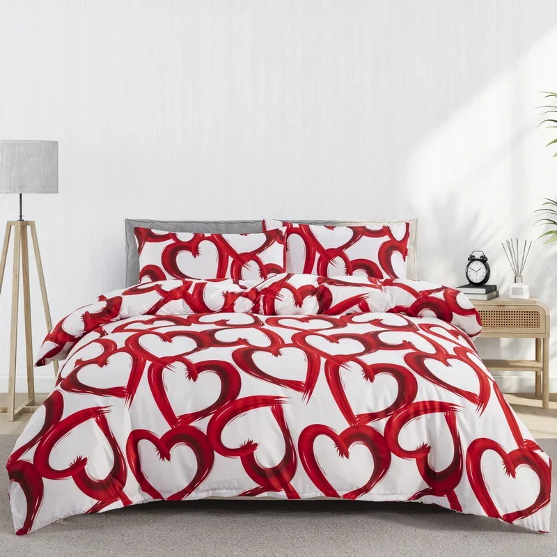 Red Heart Duvet Cover Full Queen Romantic Love Heart-Shaped Bedding Set Microfiber Valentine's Day Reversible White Quilt Cover