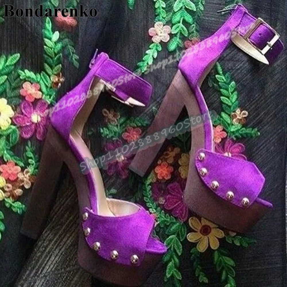 

Gorgeous Purple Suede Buckle Strap Platform Sandals Chunky High Heel Shoes For Women Back Zipper Peep Toe Trendy Banquet Sandals