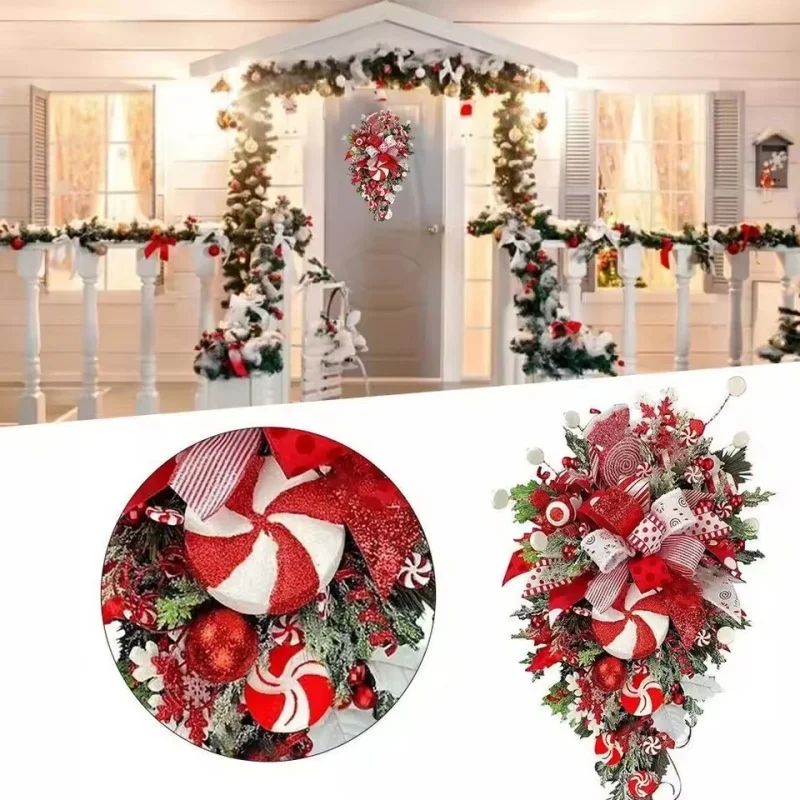 

Christmas Wreath Garland Candy Cane Bow Ornament Front Door Wall Window Indoor Outdoor Xmas Home Decor 1 Pcs