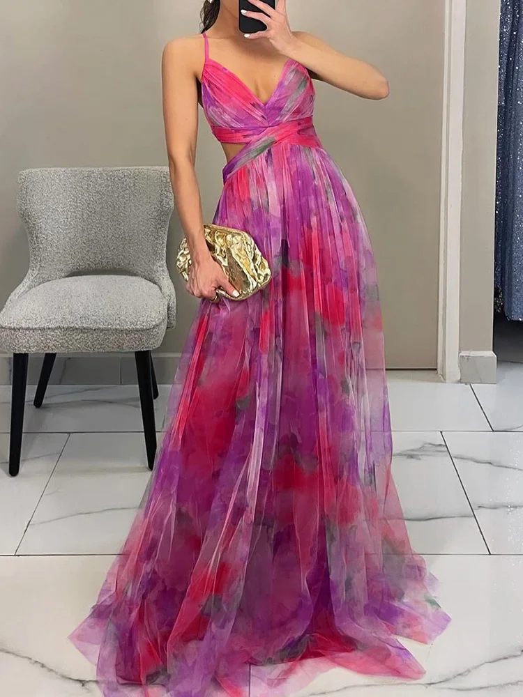 Printing Patchwork Deep V-Neck Loungewear Dress, Women Summer 2025 Sleeveless Sexy Dress, Lace-Up Backless Ladies Dress Vestidos