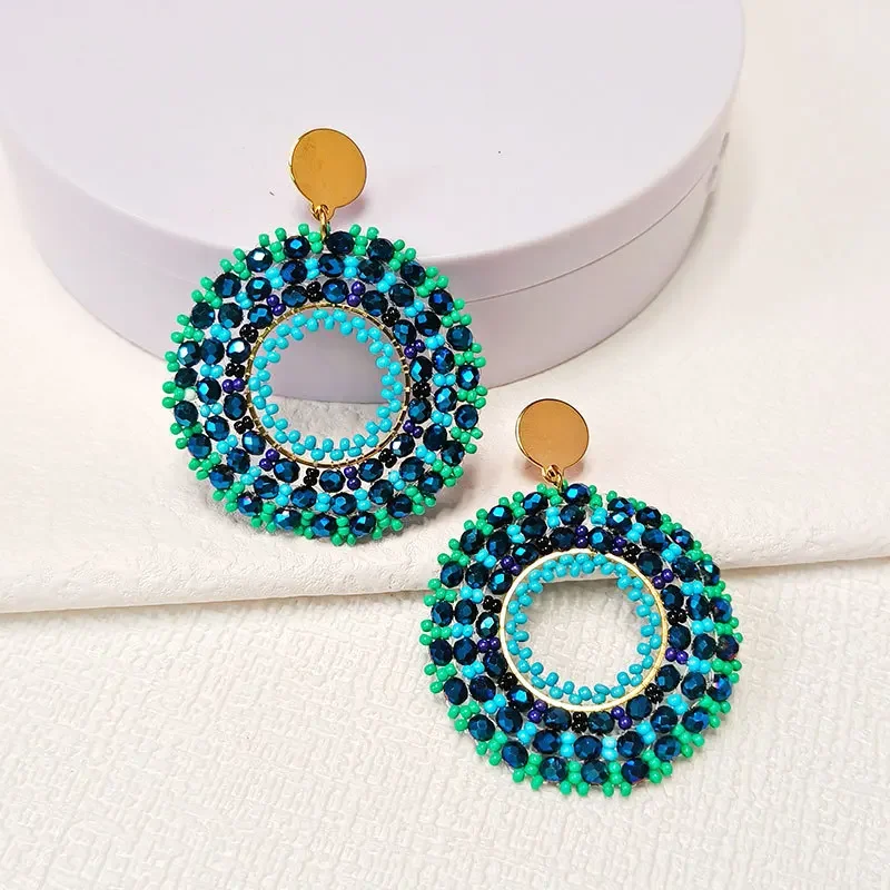 

2025 Handmade Bead Earring Crystal Round Hollow Out Originality Colour Hand Knitting Bohemia Beaded Earrings for Women