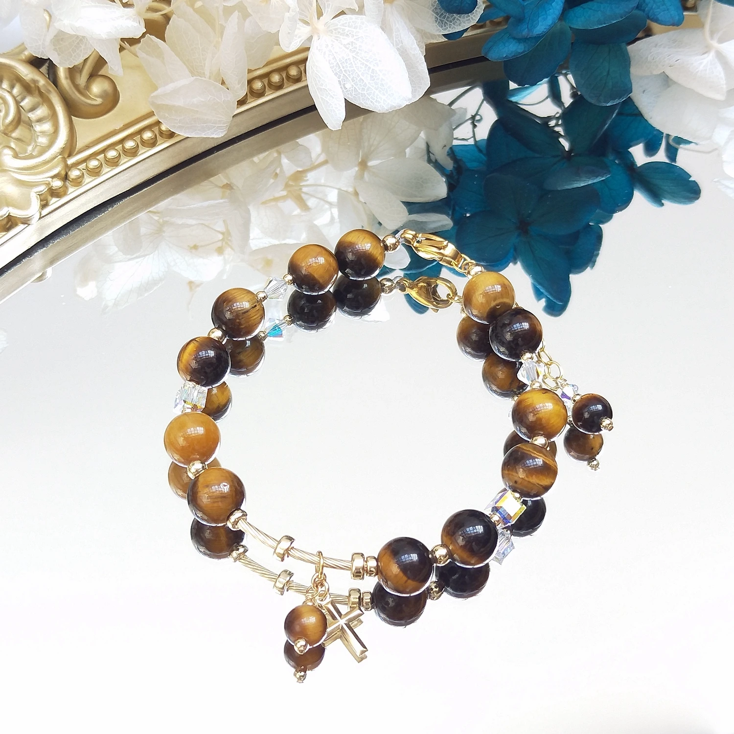 Lii Ji Natural Tiger Eye 6mm/8mm 18+3cm 14K Gold Filled Charms Bracelet Handmade Bohe Fashion Jewelry