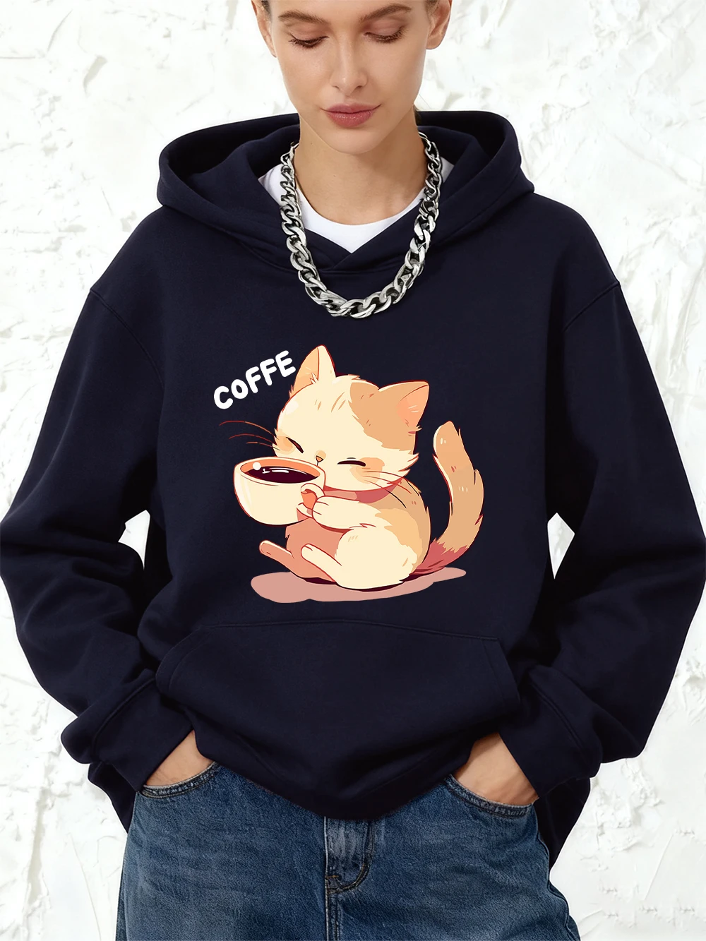 The Cat Drinking Coffee Prints Cotton Hoodies Women Winter Fleece Warm Sweatshirt Jogging Pocket Pullover Sporty Loose Clothes