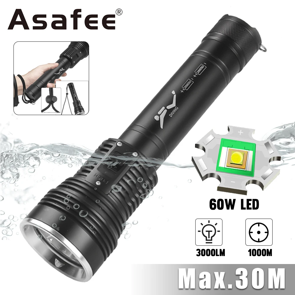 Asafee Waterproof Canister LED Diving Flashlight 3000LM 1000M Range Scuba Lantern 30M Underwater Lamp Magnetic Switch Torch