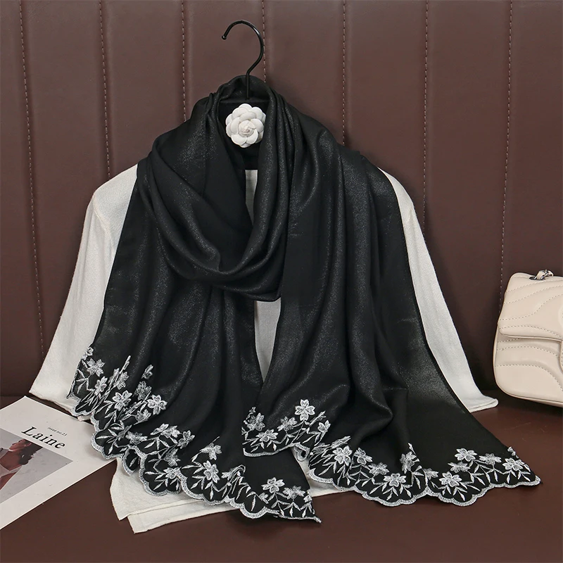 

Ramadan Embroidery Muslim Hijabs Women Solid Shinny Chiffon Scarves Shawl Luxury Party Hijab Wrap Islam Turban Female Headscarf