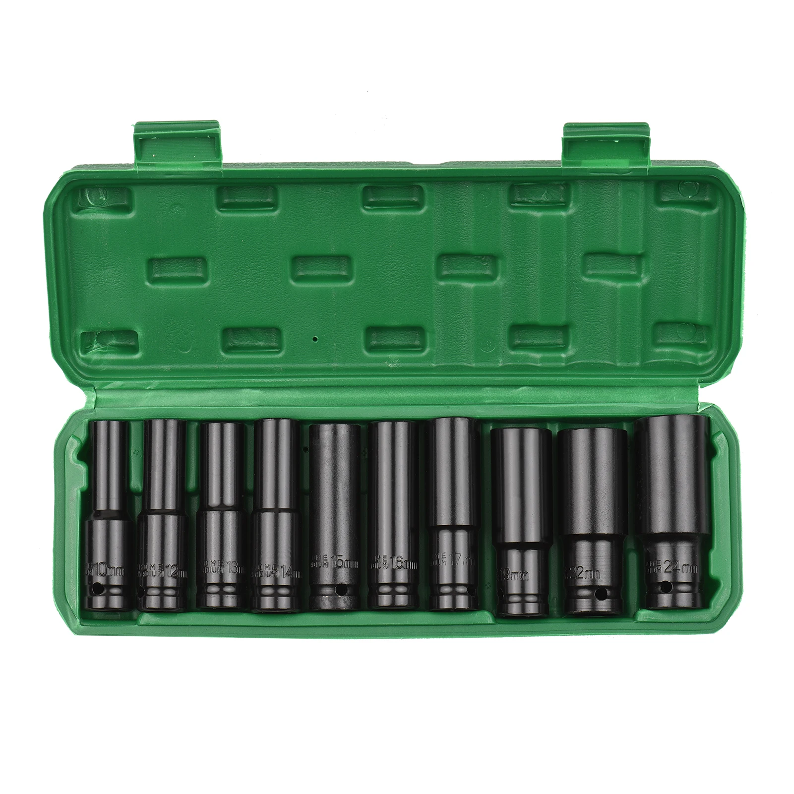 1/2 Inch Drive Hex Impact Socket Set 10PCS Deep Socket Metric Sizes 10-24mm CR-V Material with Storage Box  6-point hex design